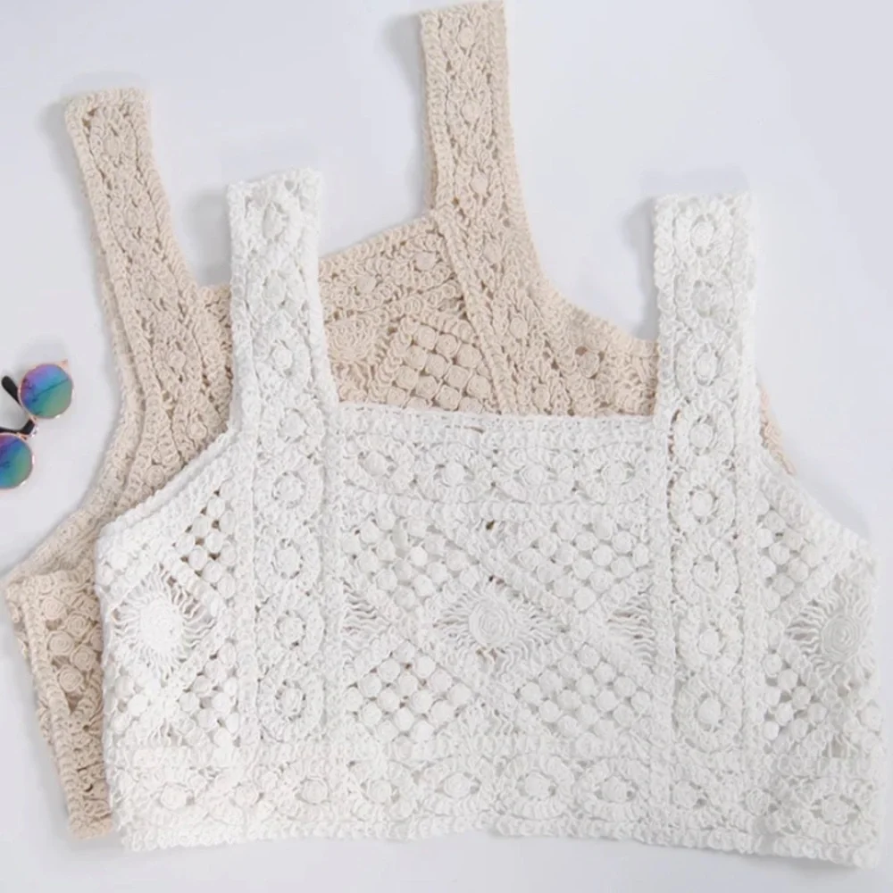 CLEARANCE White Bohemian Crochet Cropped Summer Boho Casual Tank Top - Picture 3 of 7